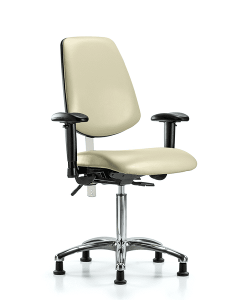 Class 100 Vinyl Clean Room Chair - Medium Bench Height with Medium Back, Seat Tilt, Adjustable Arms, & Stationary Glides in Adobe White Trailblazer Vinyl - NCR-VMBCH-MB-CR-T1-A1-NF-RG-8501