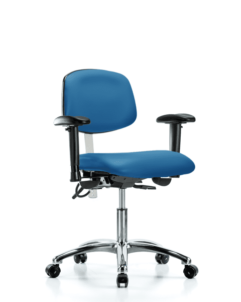 Class 100 Vinyl Clean Room/ESD Chair - Desk Height with Seat Tilt, Adjustable Arms, & ESD Casters in Blue ESD Vinyl - NECR-DHCH-CR-T1-A1-EC-ESDBLU