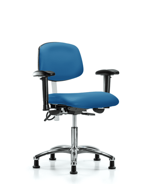 Class 100 Vinyl Clean Room/ESD Chair - Desk Height with Seat Tilt, Adjustable Arms, & ESD Stationary Glides in Blue ESD Vinyl - NECR-DHCH-CR-T1-A1-EG-ESDBLU