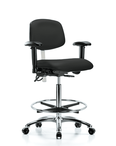 Class 100 Vinyl Clean Room/ESD Chair - High Bench Height with Adjustable Arms, Chrome Foot Ring, & ESD Casters in Black ESD Vinyl - NECR-HBCH-CR-T0-A1-CF-EC-ESDBLK