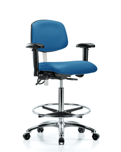 Class 100 Vinyl Clean Room/ESD Chair - High Bench Height with Adjustable Arms, Chrome Foot Ring, & ESD Casters in Blue ESD Vinyl - NECR-HBCH-CR-T0-A1-CF-EC-ESDBLU