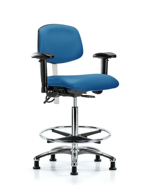 Class 100 Vinyl Clean Room/ESD Chair - High Bench Height with Adjustable Arms, Chrome Foot Ring, & ESD Stationary Glides in Blue ESD Vinyl - NECR-HBCH-CR-T0-A1-CF-EG-ESDBLU