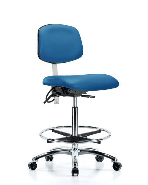 Class 100 Vinyl Clean Room/ESD Chair - High Bench Height with Seat Tilt, Chrome Foot Ring, & ESD Casters in Blue ESD Vinyl - NECR-HBCH-CR-T1-A0-CF-EC-ESDBLU