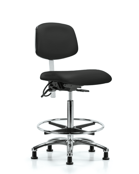 Class 100 Vinyl Clean Room/ESD Chair - High Bench Height with Seat Tilt, Chrome Foot Ring, & ESD Stationary Glides in Black ESD Vinyl - NECR-HBCH-CR-T1-A0-CF-EG-ESDBLK