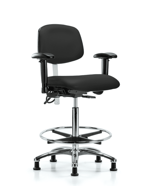Class 100 Vinyl Clean Room/ESD Chair - High Bench Height with Seat Tilt, Adjustable Arms, Chrome Foot Ring, & ESD Stationary Glides in Black ESD Vinyl - NECR-HBCH-CR-T1-A1-CF-EG-ESDBLK