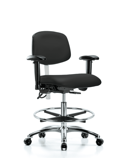 Class 100 Vinyl Clean Room/ESD Chair - Medium Bench Height with Adjustable Arms, Chrome Foot Ring, & ESD Casters in Black ESD Vinyl - NECR-MBCH-CR-T0-A1-CF-EC-ESDBLK