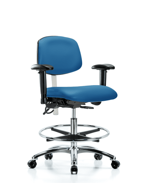 Class 100 Vinyl Clean Room/ESD Chair - Medium Bench Height with Adjustable Arms, Chrome Foot Ring, & ESD Casters in Blue ESD Vinyl - NECR-MBCH-CR-T0-A1-CF-EC-ESDBLU