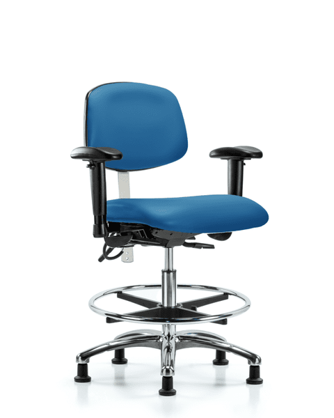 Class 100 Vinyl Clean Room/ESD Chair - Medium Bench Height with Adjustable Arms, Chrome Foot Ring, & ESD Stationary Glides in Blue ESD Vinyl - NECR-MBCH-CR-T0-A1-CF-EG-ESDBLU