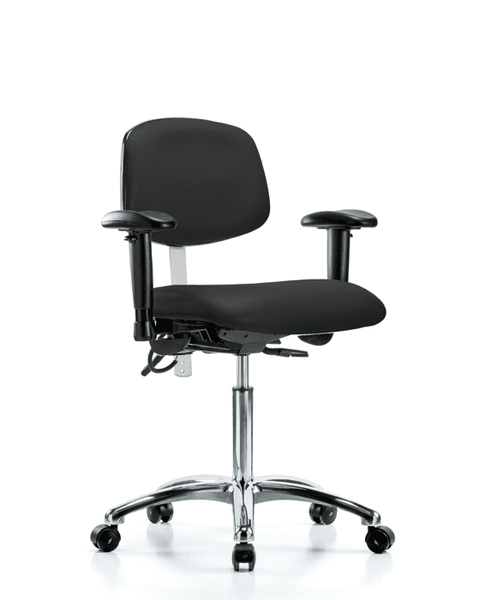 Class 100 Vinyl Clean Room/ESD Chair - Medium Bench Height with Adjustable Arms & ESD Casters in Black ESD Vinyl - NECR-MBCH-CR-T0-A1-NF-EC-ESDBLK