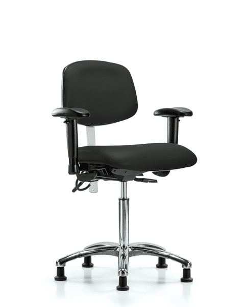 Class 100 Vinyl Clean Room/ESD Chair - Medium Bench Height with Adjustable Arms & ESD Stationary Glides in Black ESD Vinyl - NECR-MBCH-CR-T0-A1-NF-EG-ESDBLK