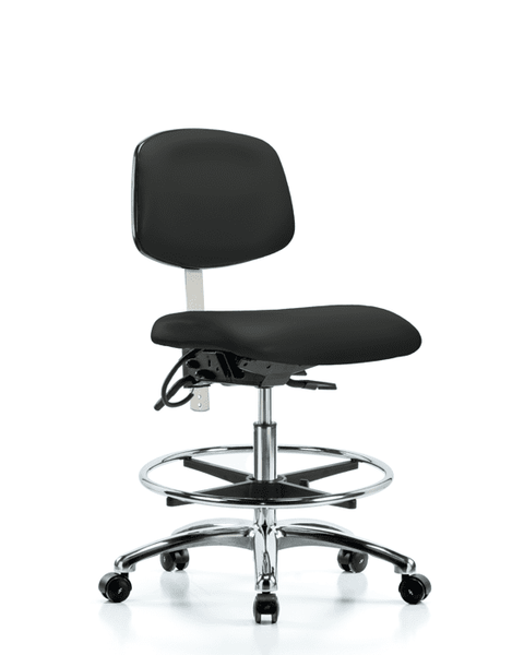 Class 100 Vinyl Clean Room/ESD Chair - Medium Bench Height with Seat Tilt, Chrome Foot Ring, & ESD Casters in Black ESD Vinyl - NECR-MBCH-CR-T1-A0-CF-EC-ESDBLK