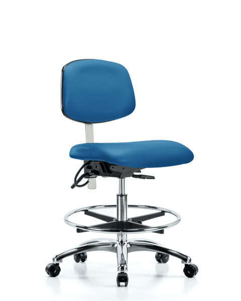 Class 100 Vinyl Clean Room/ESD Chair - Medium Bench Height with Seat Tilt, Chrome Foot Ring, & ESD Casters in Blue ESD Vinyl - NECR-MBCH-CR-T1-A0-CF-EC-ESDBLU