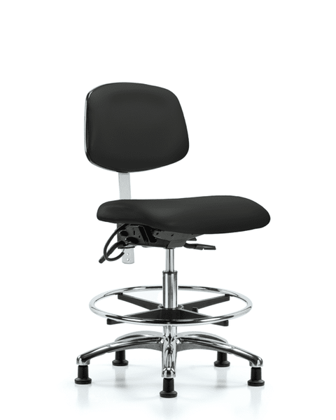 Class 100 Vinyl Clean Room/ESD Chair - Medium Bench Height with Seat Tilt, Chrome Foot Ring, & ESD Stationary Glides in Black ESD Vinyl - NECR-MBCH-CR-T1-A0-CF-EG-ESDBLK