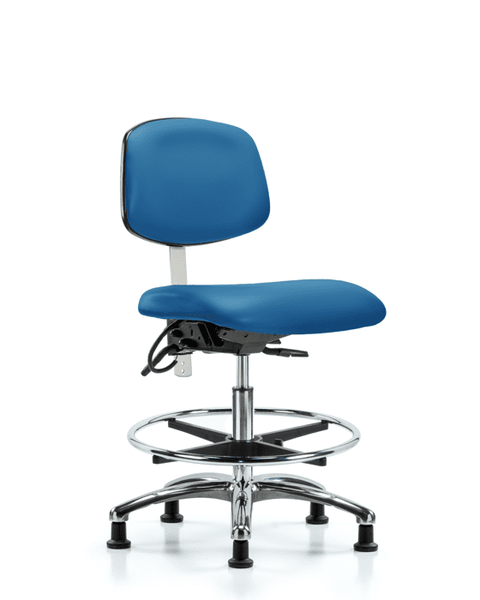 Class 100 Vinyl Clean Room/ESD Chair - Medium Bench Height with Seat Tilt, Chrome Foot Ring, & ESD Stationary Glides in Blue ESD Vinyl - NECR-MBCH-CR-T1-A0-CF-EG-ESDBLU