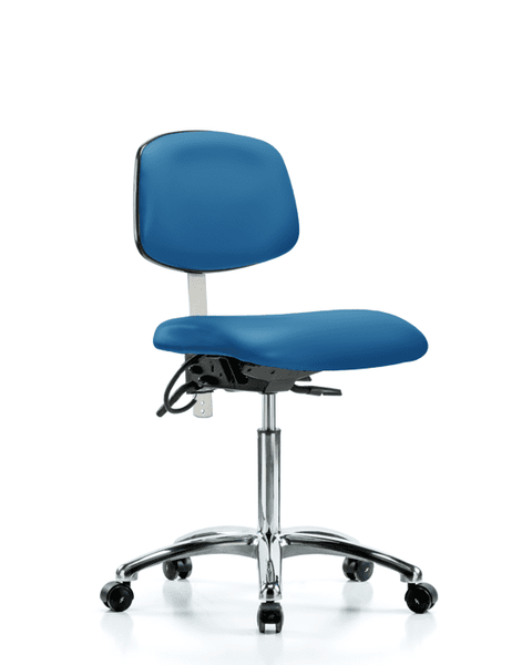 Class 100 Vinyl Clean Room/ESD Chair - Medium Bench Height with Seat Tilt & ESD Casters in Blue ESD Vinyl - NECR-MBCH-CR-T1-A0-NF-EC-ESDBLU