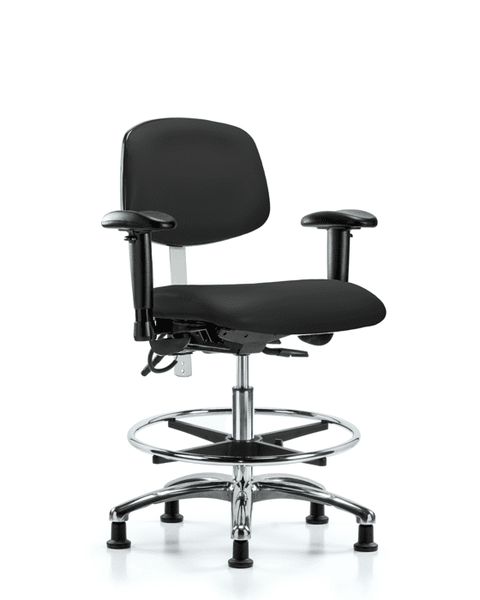 Class 100 Vinyl Clean Room/ESD Chair - Medium Bench Height with Seat Tilt, Adjustable Arms, Chrome Foot Ring, & ESD Stationary Glides in Black ESD Vinyl - NECR-MBCH-CR-T1-A1-CF-EG-ESDBLK