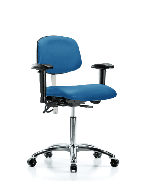 Class 100 Vinyl Clean Room/ESD Chair - Medium Bench Height with Seat Tilt, Adjustable Arms, & ESD Casters in Blue ESD Vinyl - NECR-MBCH-CR-T1-A1-NF-EC-ESDBLU