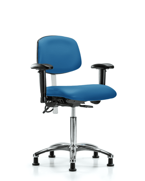 Class 100 Vinyl Clean Room/ESD Chair - Medium Bench Height with Seat Tilt, Adjustable Arms, & ESD Stationary Glides in Blue ESD Vinyl - NECR-MBCH-CR-T1-A1-NF-EG-ESDBLU