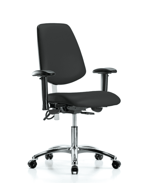 Class 100 Vinyl Clean Room/ESD Chair - Desk Height with Medium Back, Adjustable Arms, & ESD Casters in Black ESD Vinyl - NECR-VDHCH-MB-CR-T0-A1-EC-ESDBLK