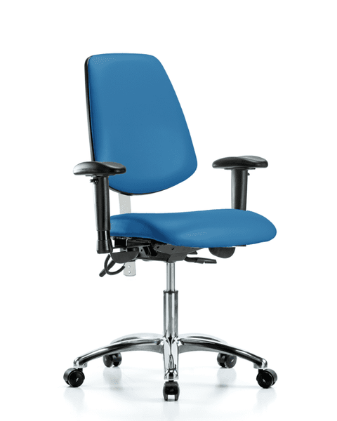 Class 100 Vinyl Clean Room/ESD Chair - Desk Height with Medium Back, Adjustable Arms, & ESD Casters in Blue ESD Vinyl - NECR-VDHCH-MB-CR-T0-A1-EC-ESDBLU