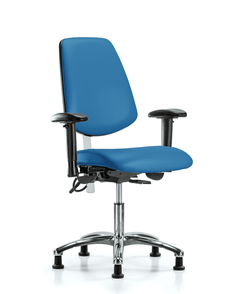 Class 100 Vinyl Clean Room/ESD Chair - Desk Height with Medium Back, Adjustable Arms, & ESD Stationary Glides in Blue ESD Vinyl - NECR-VDHCH-MB-CR-T0-A1-EG-ESDBLU