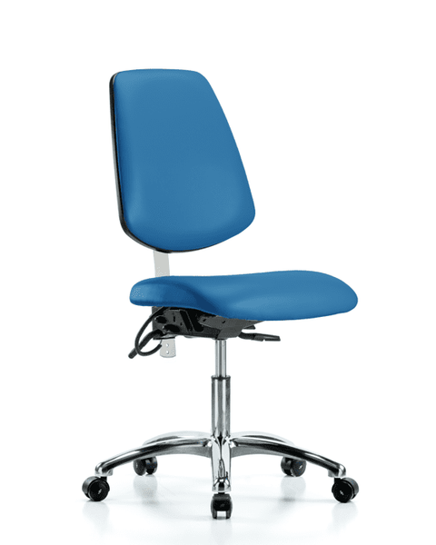 Class 100 Vinyl Clean Room/ESD Chair - Desk Height with Medium Back, Seat Tilt, & ESD Casters in Blue ESD Vinyl - NECR-VDHCH-MB-CR-T1-A0-EC-ESDBLU