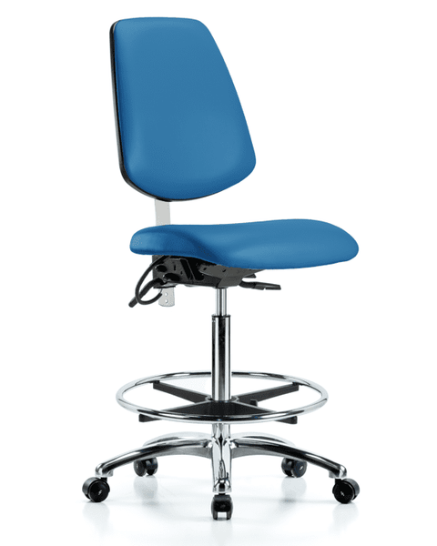 Class 100 Vinyl Clean Room/ESD Chair - High Bench Height with Medium Back, Seat Tilt, Chrome Foot Ring, & ESD Casters in Blue ESD Vinyl - NECR-VHBCH-MB-CR-T1-A0-CF-EC-ESDBLU