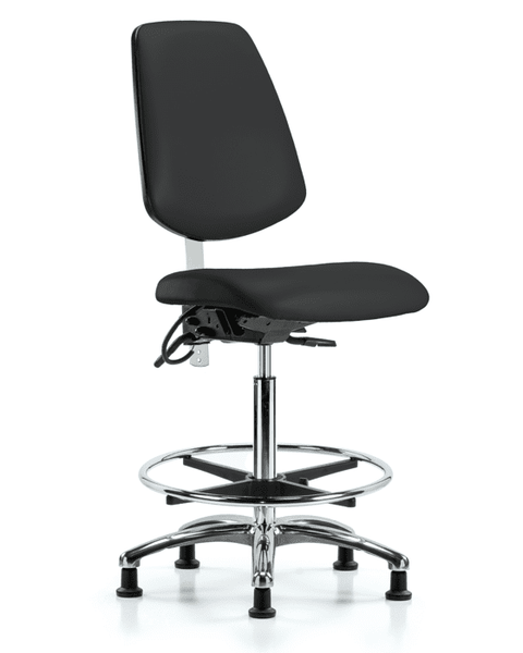 Class 100 Vinyl Clean Room/ESD Chair - High Bench Height with Medium Back, Seat Tilt, Chrome Foot Ring, & ESD Stationary Glides in Black ESD Vinyl - NECR-VHBCH-MB-CR-T1-A0-CF-EG-ESDBLK