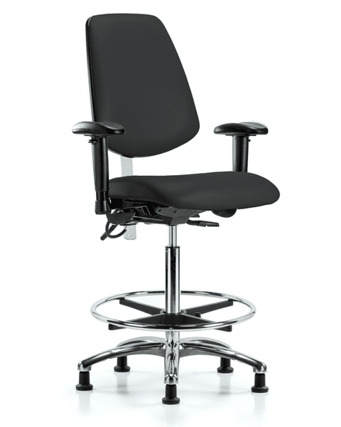 Class 100 Vinyl Clean Room/ESD Chair - High Bench Height with Medium Back, Seat Tilt, Adjustable Arms, Chrome Foot Ring, & ESD Stationary Glides in Black ESD Vinyl - NECR-VHBCH-MB-CR-T1-A1-CF-EG-ESDBLK