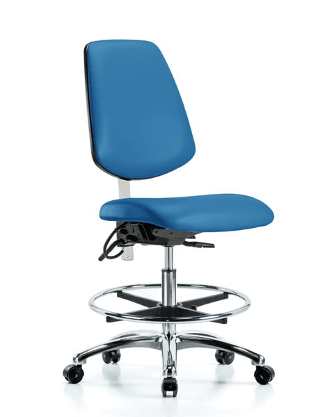 Class 100 Vinyl Clean Room/ESD Chair - Medium Bench Height with Medium Back, Seat Tilt, Chrome Foot Ring, & ESD Casters in Blue ESD Vinyl - NECR-VMBCH-MB-CR-T1-A0-CF-EC-ESDBLU