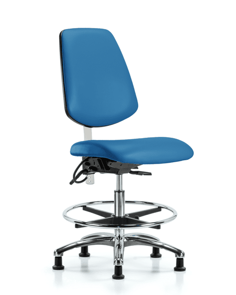 Class 100 Vinyl Clean Room/ESD Chair - Medium Bench Height with Medium Back, Seat Tilt, Chrome Foot Ring, & ESD Stationary Glides in Blue ESD Vinyl - NECR-VMBCH-MB-CR-T1-A0-CF-EG-ESDBLU