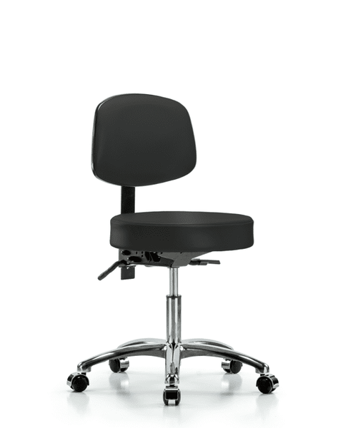 Vinyl Stool with Back Chrome - Desk Height with Casters in Black Trailblazer Vinyl - VDHST-CR-T0-CC-8540