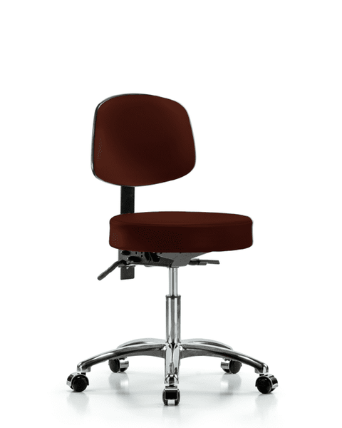 Vinyl Stool with Back Chrome - Desk Height with Casters in Burgundy Trailblazer Vinyl - VDHST-CR-T0-CC-8569