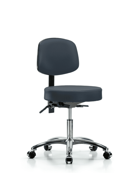 Vinyl Stool with Back Chrome - Desk Height with Casters in Imperial Blue Trailblazer Vinyl - VDHST-CR-T0-CC-8582