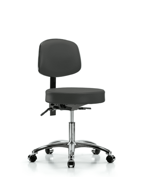 Vinyl Stool with Back Chrome - Desk Height with Casters in Charcoal Trailblazer Vinyl - VDHST-CR-T0-CC-8605