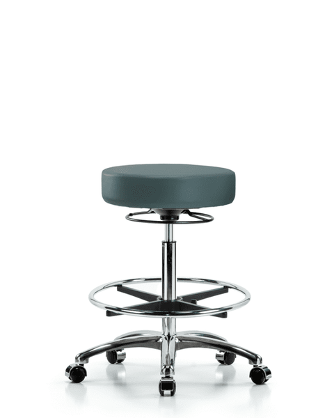 Vinyl Stool without Back Chrome - High Bench Height with Chrome Foot Ring & Casters in Colonial Blue Trailblazer Vinyl - VHBSO-CR-CF-CC-8546