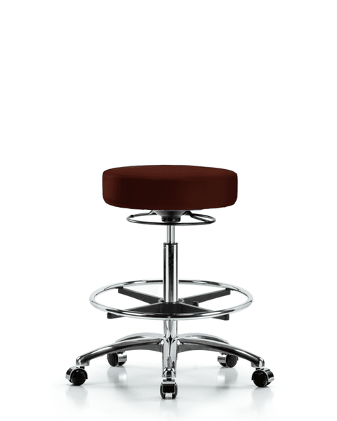 Vinyl Stool without Back Chrome - High Bench Height with Chrome Foot Ring & Casters in Burgundy Trailblazer Vinyl - VHBSO-CR-CF-CC-8569