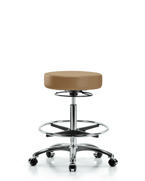 Vinyl Stool without Back Chrome - High Bench Height with Chrome Foot Ring & Casters in Taupe Trailblazer Vinyl - VHBSO-CR-CF-CC-8584