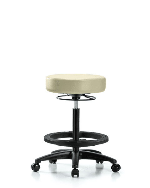 Vinyl Stool without Back - High Bench Height with Black Foot Ring & Casters in Adobe White Trailblazer Vinyl - VHBSO-RG-BF-RC-8501