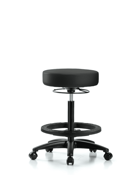 Vinyl Stool without Back - High Bench Height with Black Foot Ring & Casters in Black Trailblazer Vinyl - VHBSO-RG-BF-RC-8540