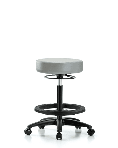 Vinyl Stool without Back - High Bench Height with Black Foot Ring & Casters in Dove Trailblazer Vinyl - VHBSO-RG-BF-RC-8567