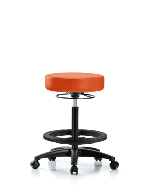 Vinyl Stool without Back - High Bench Height with Black Foot Ring & Casters in Orange Kist Trailblazer Vinyl - VHBSO-RG-BF-RC-8613