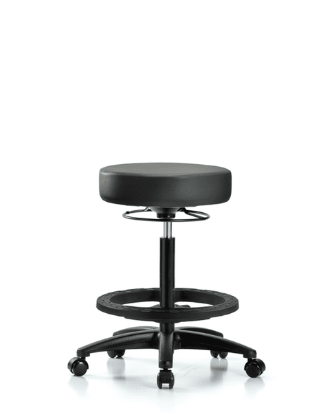 Vinyl Stool without Back - High Bench Height with Black Foot Ring & Casters in Carbon Supernova Vinyl - VHBSO-RG-BF-RC-8823