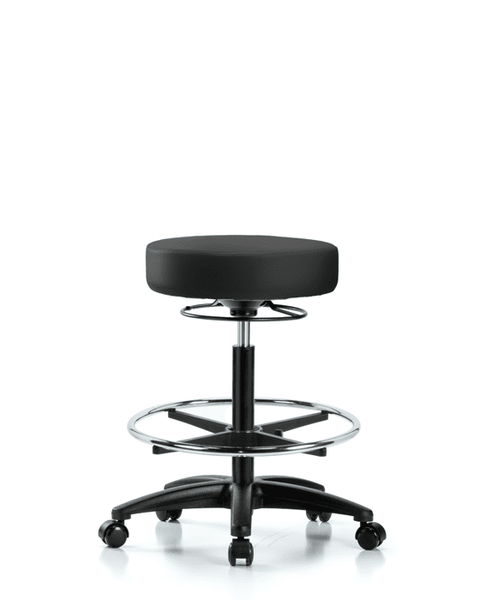 Vinyl Stool without Back - High Bench Height with Chrome Foot Ring & Casters in Black Trailblazer Vinyl - VHBSO-RG-CF-RC-8540