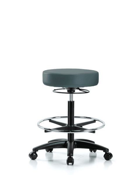 Vinyl Stool without Back - High Bench Height with Chrome Foot Ring & Casters in Colonial Blue Trailblazer Vinyl - VHBSO-RG-CF-RC-8546