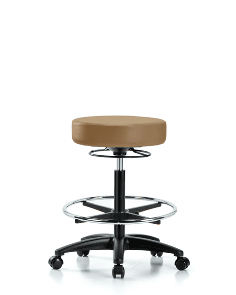 Vinyl Stool without Back - High Bench Height with Chrome Foot Ring & Casters in Taupe Trailblazer Vinyl - VHBSO-RG-CF-RC-8584