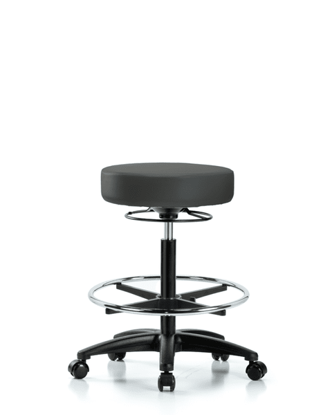 Vinyl Stool without Back - High Bench Height with Chrome Foot Ring & Casters in Charcoal Trailblazer Vinyl - VHBSO-RG-CF-RC-8605