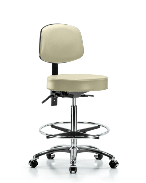 Vinyl Stool with Back Chrome - High Bench Height with Chrome Foot Ring & Casters in Adobe White Trailblazer Vinyl - VHBST-CR-T0-CF-CC-8501
