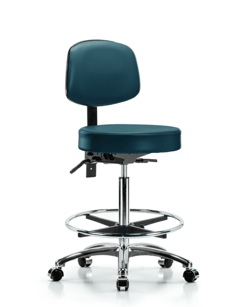 Vinyl Stool with Back Chrome - High Bench Height with Chrome Foot Ring & Casters in Marine Blue Supernova Vinyl - VHBST-CR-T0-CF-CC-8801