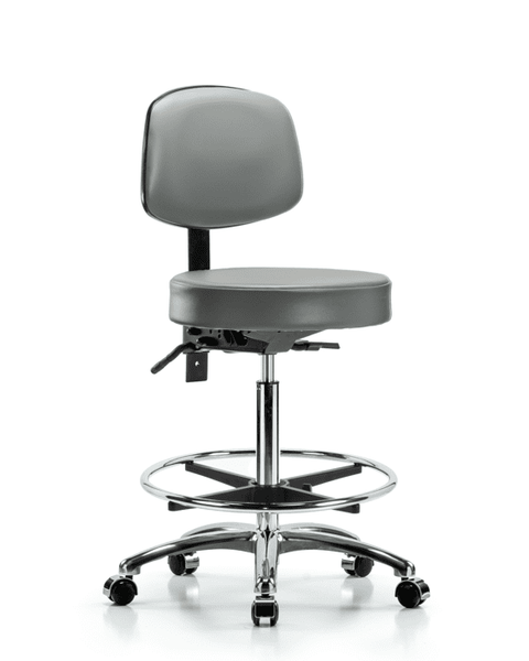 Vinyl Stool with Back Chrome - High Bench Height with Chrome Foot Ring & Casters in Sterling Supernova Vinyl - VHBST-CR-T0-CF-CC-8840